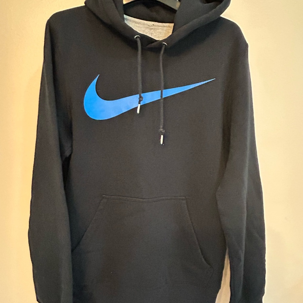 Nike Men's Black Hoodie with Blue Swoosh